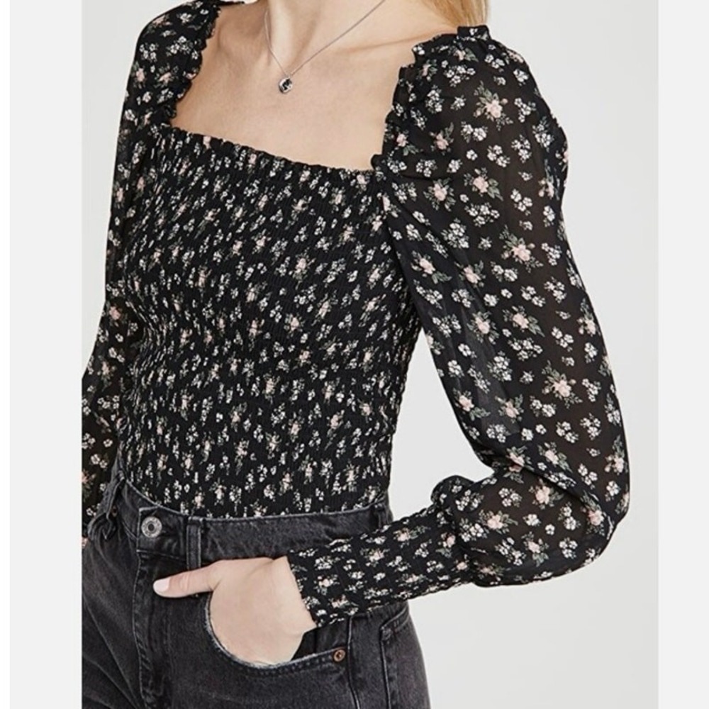Reformation NEW Jolene Black‎ Pink Floral Print Smocked Shirt Small